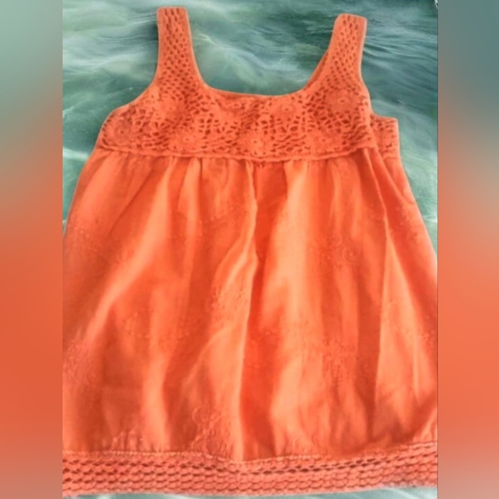 ANGIE Sun Top - Hot Coral - Crochet / Gauze - Boho - LG - Like New